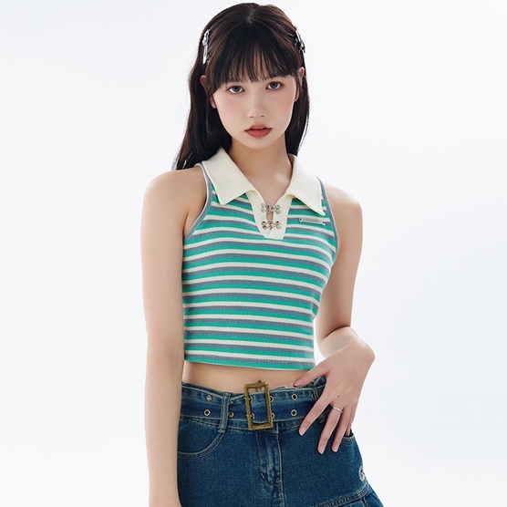 【ZHELIHANGFEI】Áo Sweater Sát Nách Cổ POLO Lưng Cao Kẻ Sọc Thiết Kế Quyến Rũ Cá Tính