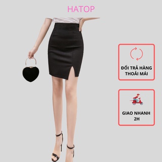 Chân váy công sở ôm HATOP xẻ trước vải thun co giãn 4 chiều loại 1 màu đen có 1 túi bên trong CVOD024