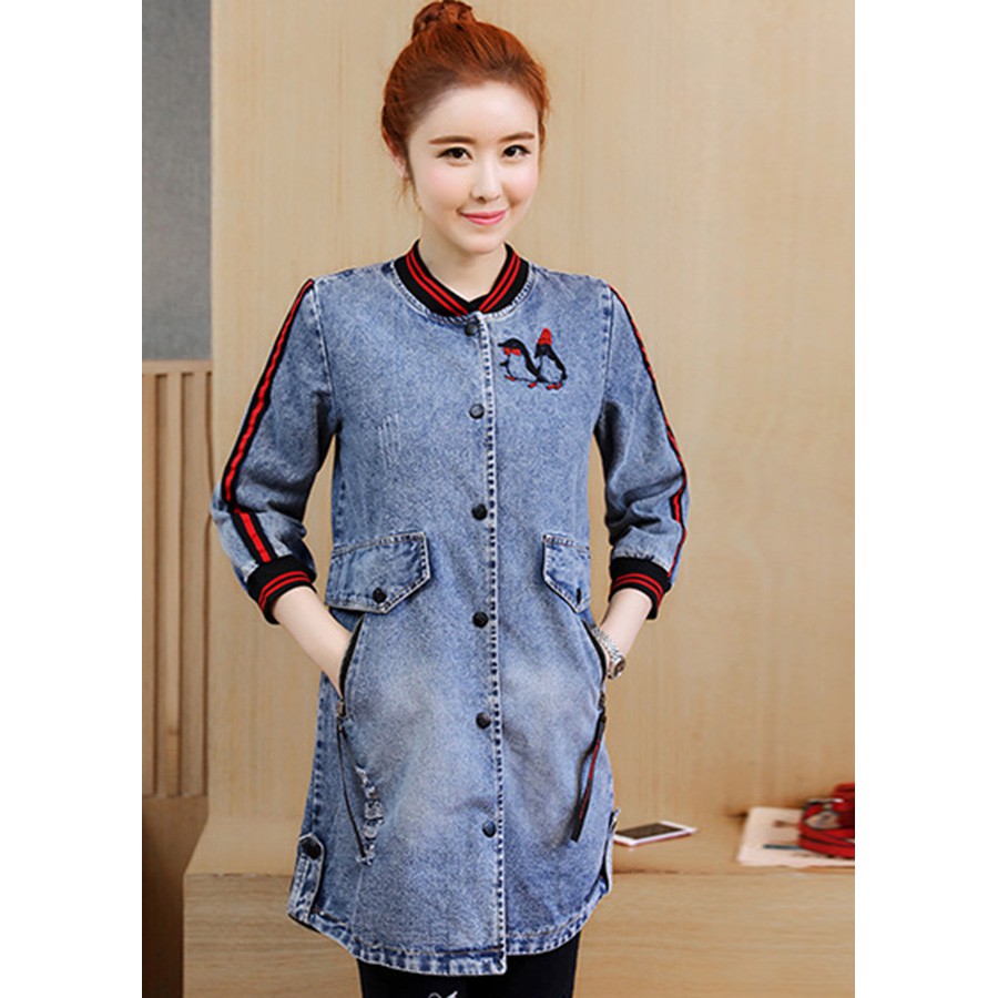 SIÊU ĐẸP - SIÊU CHÂT - Áo khoác jean form dài kiểu áo khoác phối sọc thêu hình chim cánh cụt AKL1288315 - TẶNG GIÁ ĐỠ ĐT