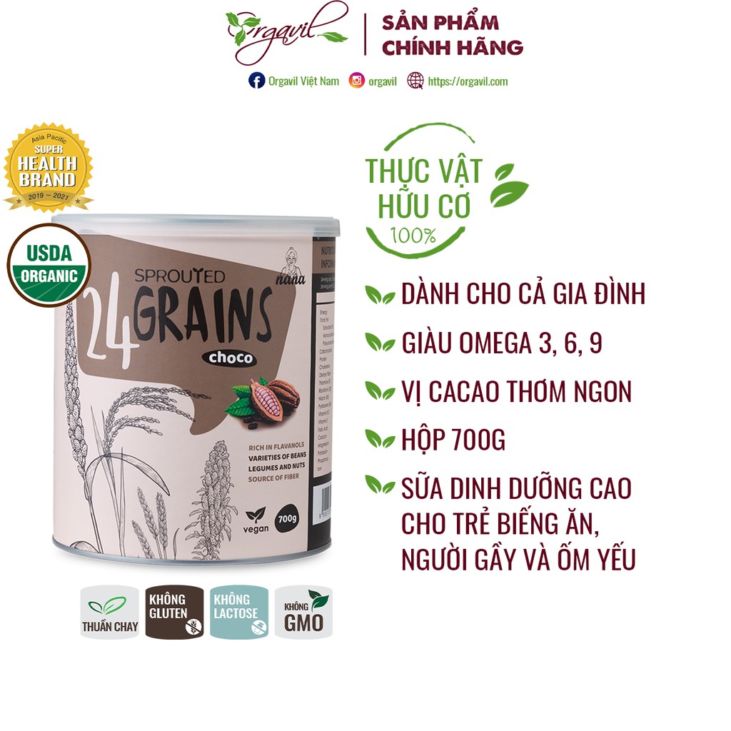 Sữa Thực Vật Hữu Cơ 24 Grains - Vị Cacao - Bổ sung dinh dưỡng cho trẻ biếng ăn, người gầy, ốm yếu  - Orgavil