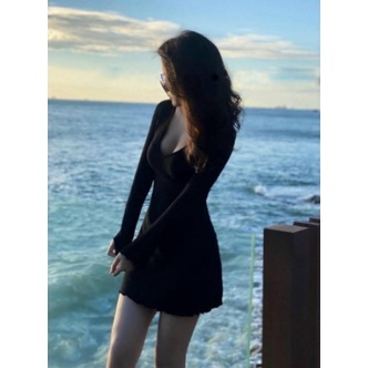 Đầm thun tay loe dài form ôm body dáng xòe chất vải gân len 4 chiều FreeSIze, Váy ngắn nữ cổ v Sexy (Bảo An Hot) | BigBuy360 - bigbuy360.vn