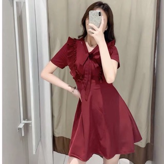 Đầm váy đỏ cổ V phối dập li (kèm hình thật)