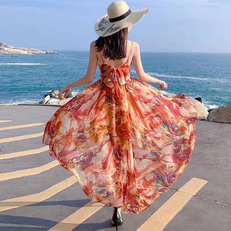 M152 - Váy maxi voan hoa Ulzzang hai dây thắt nơ hở lưng eo chun xẻ tà đi biển (5 màu)