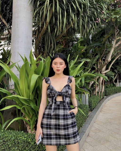 MẪU MỚI ĐẦM LUCIA DRESS SIÊU XINH - ĐẦM CARO ĐEN HAI DÂY