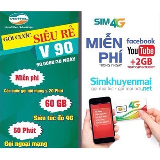 Free tháng đầu, Có sẵn 90k lên gói, V90 SIM Viettel V90 HCM tặng 60gb data + gội NM & LM free - trọn gói