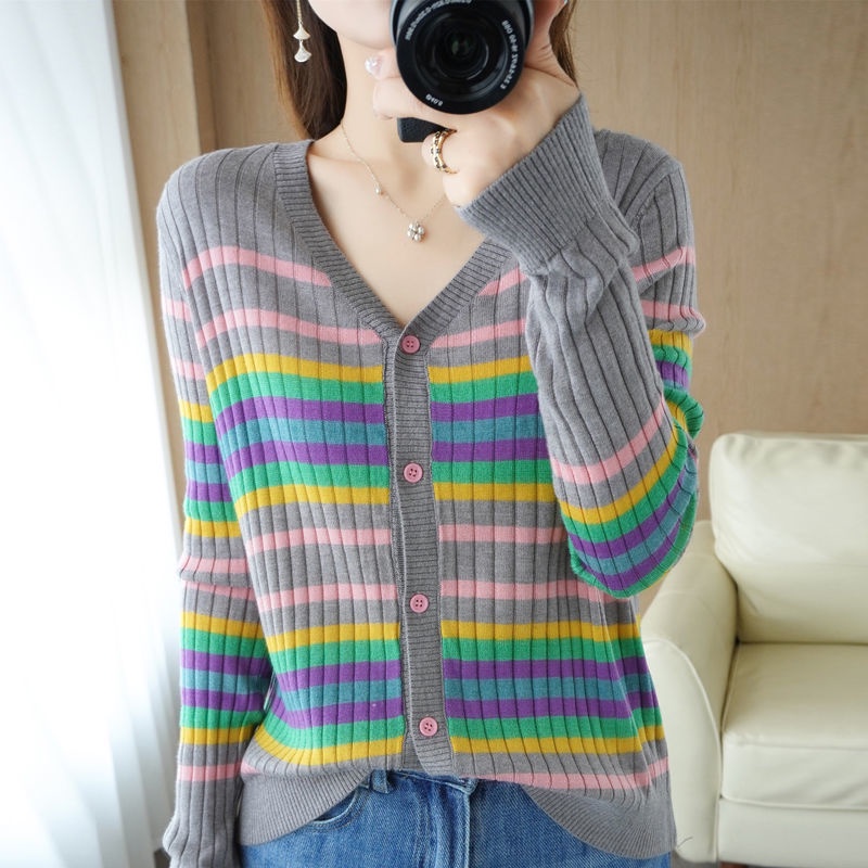 Áo Len Cardigan Nữ Dệt Kim Phối Màu Sọc Mẫu Mới Xuân Thu 2022 Áo Len Dài Tay Mỏng Cổ Chữ V Dễ Phối