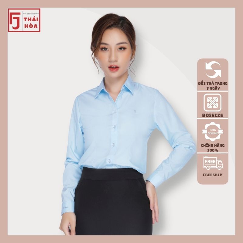 Áo sơ mi nữ Thái Hoà công sở cotton dài tay đẹp kiểu bigsize màu xanh 047-06-01