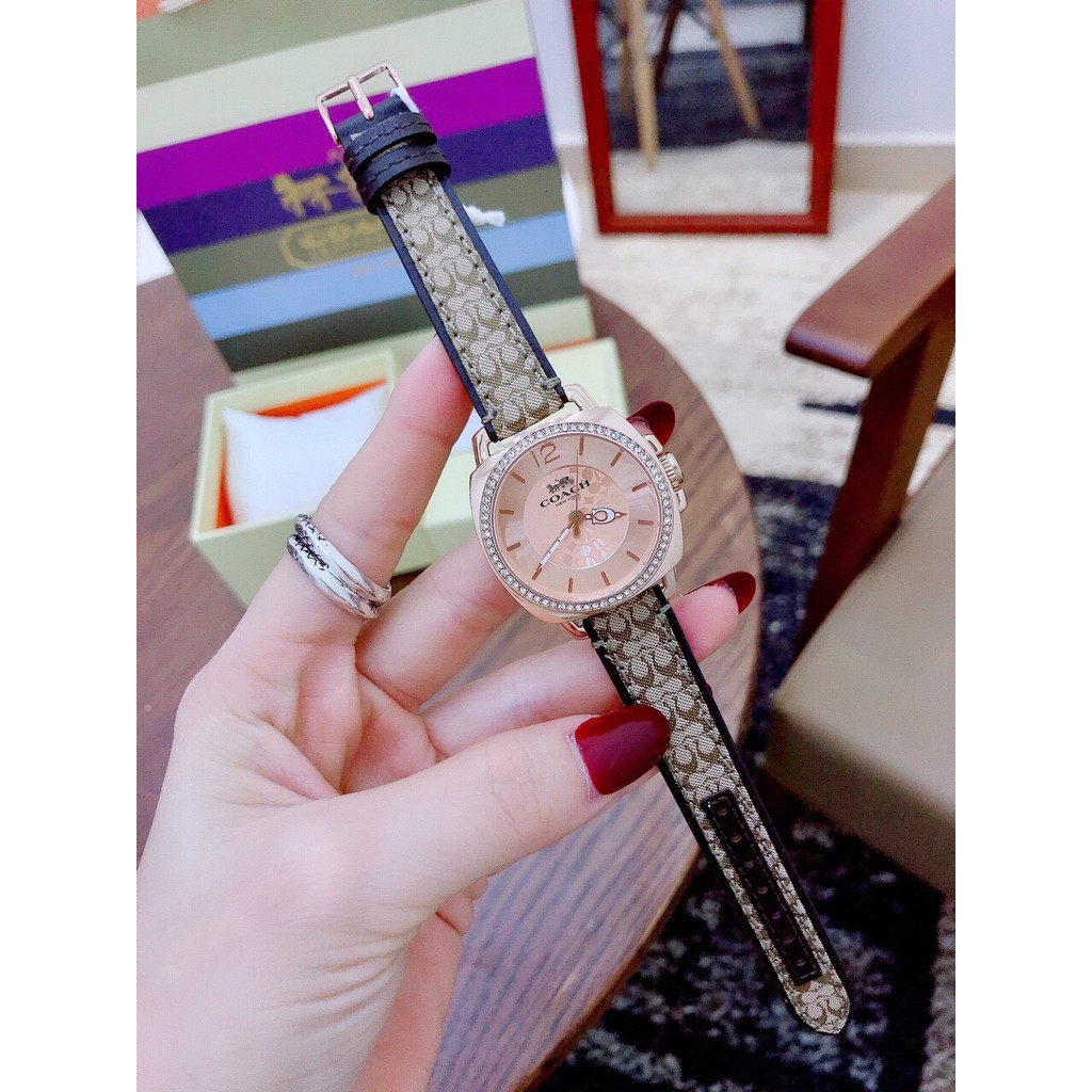 Đồng hồ nữ Coach Boyfriend viền hạt , dây da , size 34mm