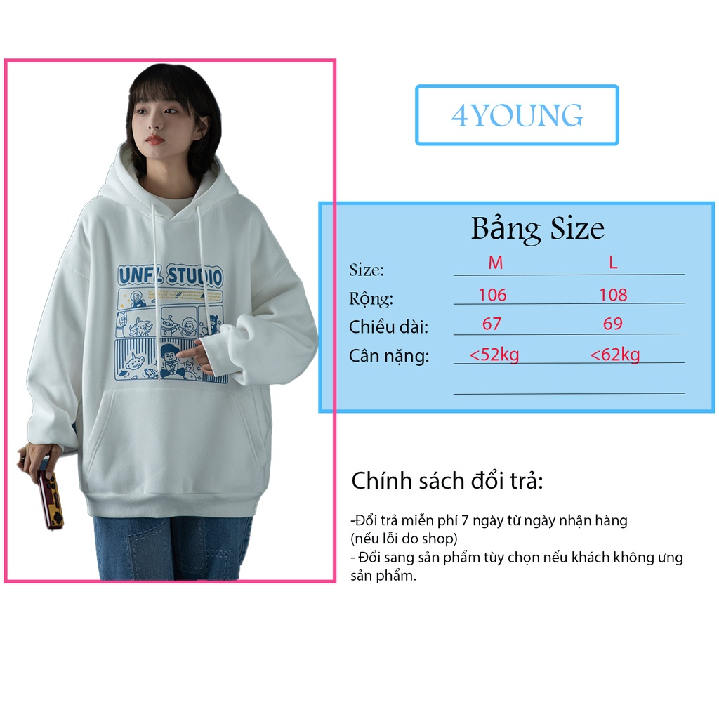 Áo Hoodie Nữ From Rộng Nỉ Bông Có Mũ Hai lớp In Chữ trước ngực 4YOUNG HDTP01