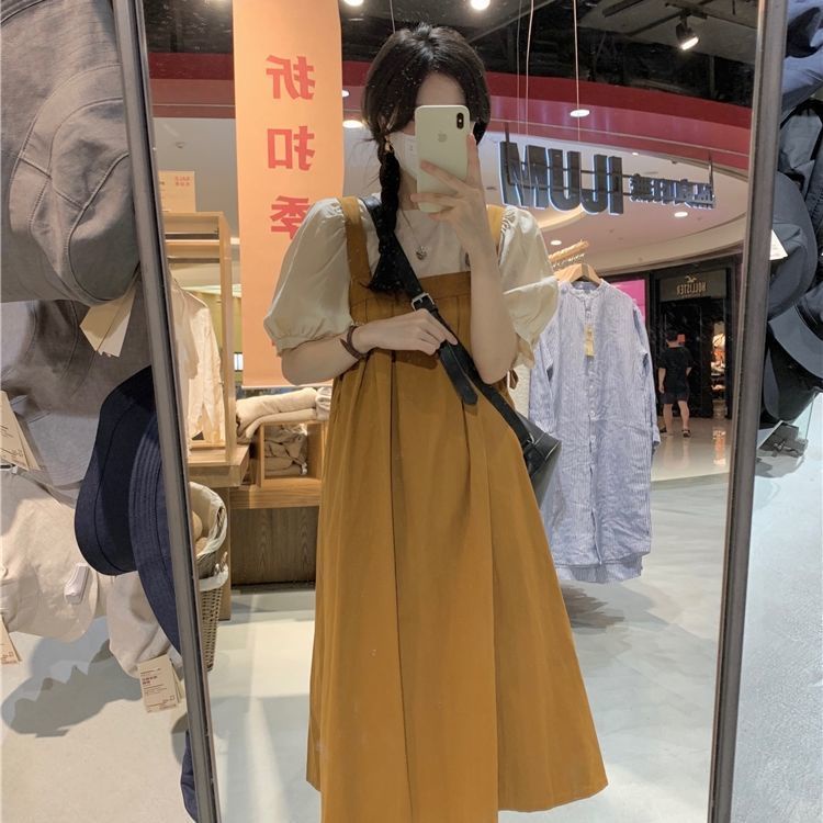 Đầm Hai Dây Dáng Rộng Tay Phồng Phong Cách Hàn Quốc Thời Trang Cho Nữ