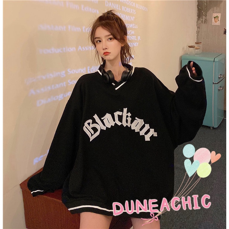 DUNEA Áo Nỉ Cổ Chữ V Thêu Chữ Quyến Rũ Trẻ Trung Cho Bạn Gái