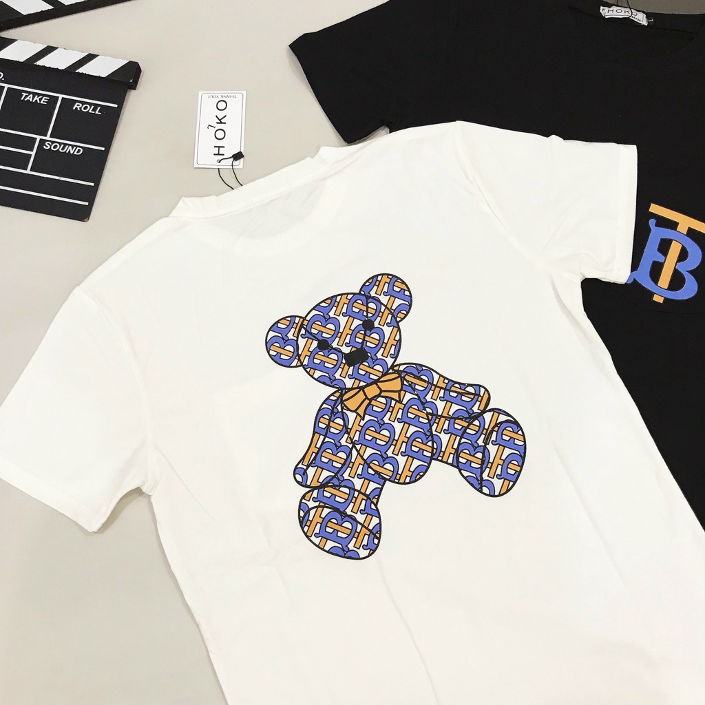 Áo thun nam nữ cổ tròn tay ngắn in gấu phối túi trước chữ TB , áo chất cotton thoáng mát thời trang hè hot trend 2022