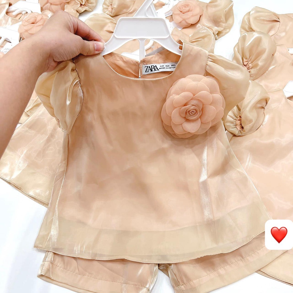 Đồ bộ bé gái bộ voan tơ kính hồng cho bé tặng kèm hoa cài ngực