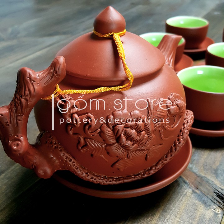 Ấm trà tử sa Bát Tràng đắp nổi hoa phù dung (Bộ trên không kèm khay ấm chén) | BigBuy360 - bigbuy360.vn