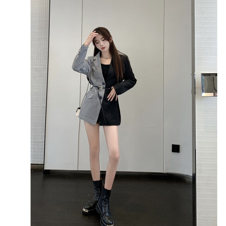 Ảnh thật 3 hình cuối-2W234.Áo blazer kẻ houndstooth phối màu thời trang Hàn Quốc