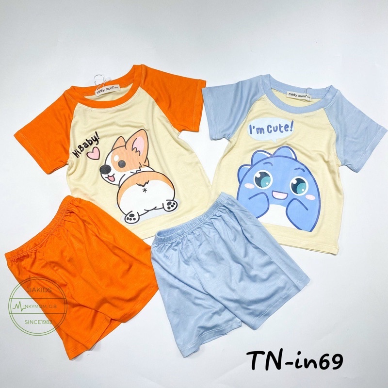 NT047 Bộ cộc tay thun lạnh Minky Mom phối tay giáp lăng in hình con vật đáng yêu cho bé