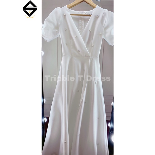 Đầm maxi mặc cưới xẻ đùi tay ngắn phồng kết hoa đá toàn thân váy TRIPBLE T DRESS - MS279Y