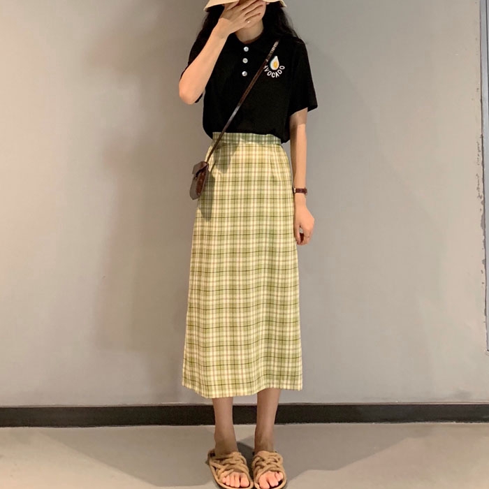 SUXI Chân váy dài họa tiết ca rô phong cách Hàn Quốc thanh lịch dành cho nữ