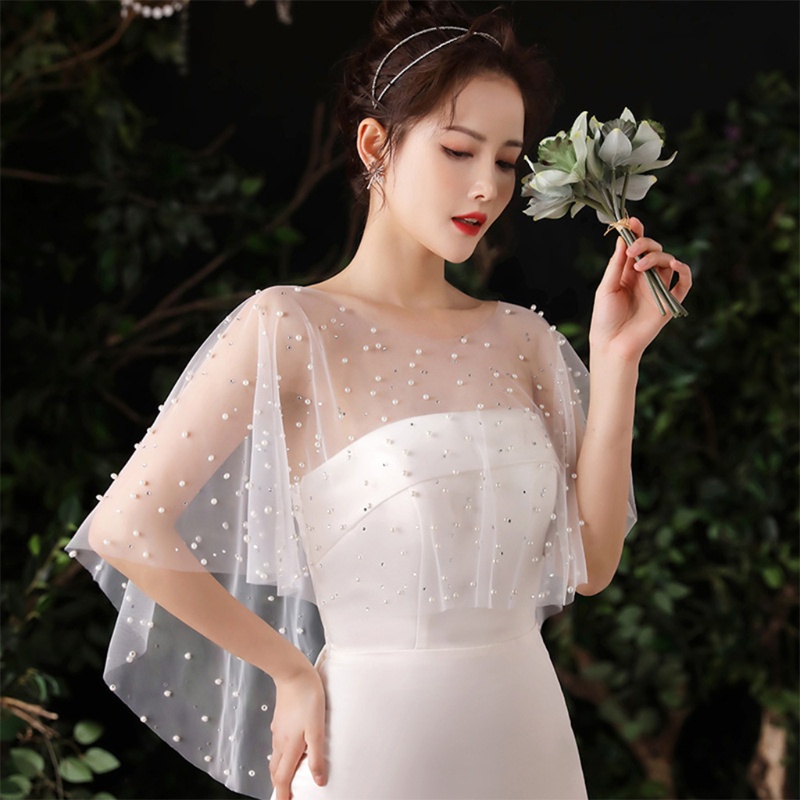 Khăn Choàng Vải Tuyn Xếp Ly Đính Hạt Ngọc Trai Màu Trắng Phong Cách Vintage Dành Cho Nữ