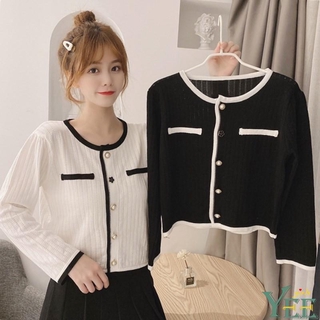 Áo Khoác Cardigan Dệt Kim Cổ Tròn Dài Tay Phối Màu Tương Phản Cho Nữ