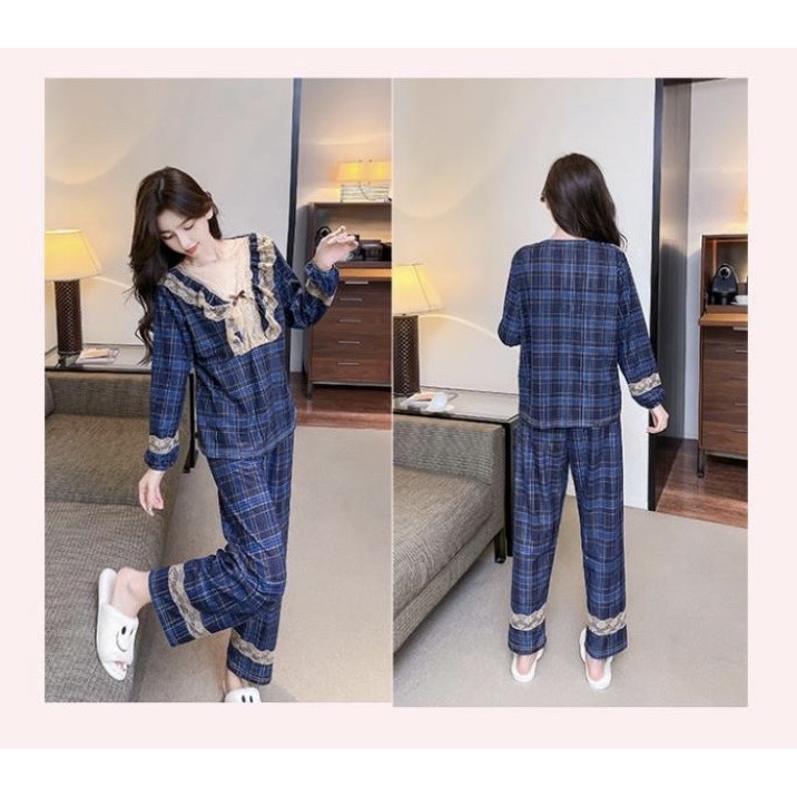 Bộ ngủ pijama nữ dài tay chất chất liệu lụa sữa cao cấp màu kẻ xanh đậm - bộ ngủ thu đông (có bigsize) | BigBuy360 - bigbuy360.vn