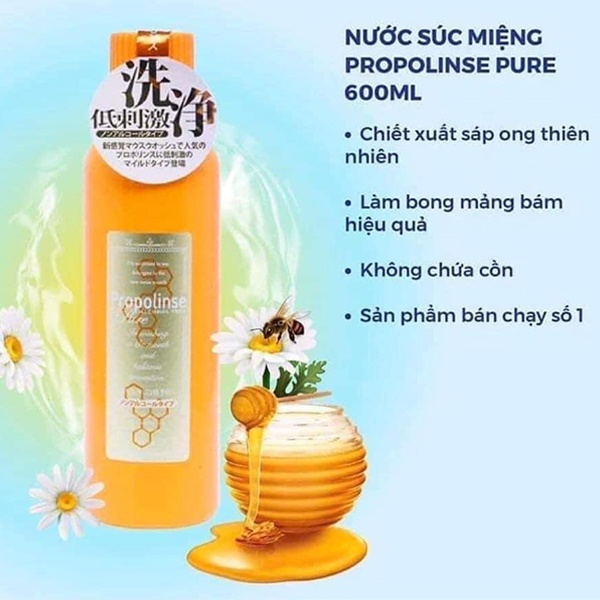 Nước súc miệng nhật Propolinse chai 600ml màu vàng chiết xuất sáp ong làm sạch mảng bám, ngăn ngừa hôi miệng