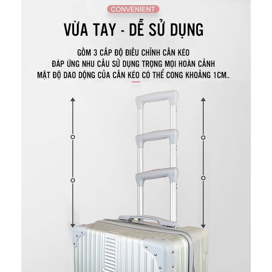 VALI KÉO CAO CẤP / PC + ABS / Size 20 - 24 -28 Inch Màu Hồng Trắng + Tặng miếng dán sticker trong mỗi vali  L002