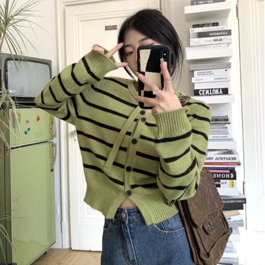 Áo cardigan ZHELIHANGFEI dệt kim tay dài lưng cao kẻ sọc thiết kế quyến rũ cá tính