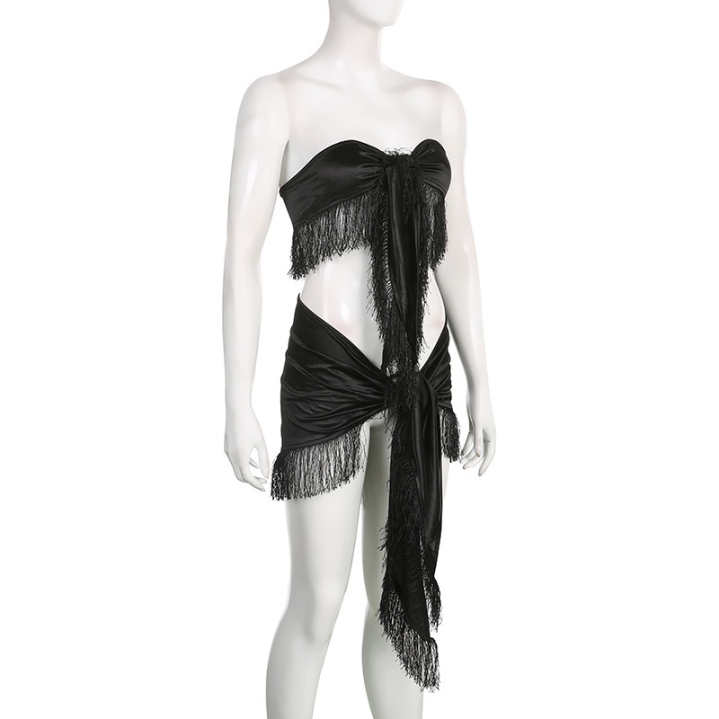 Set Áo Ống Màu Trơn Phối Tua Rua + Chân Váy Phong Cách Mùa Hè Mới