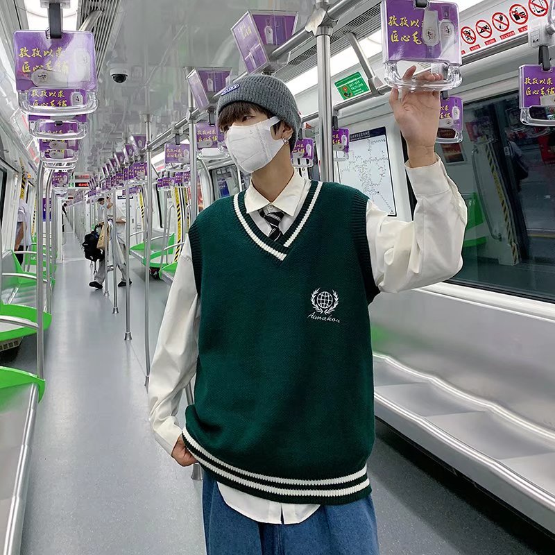 Áo Len Không Tay Dáng Rộng Họa Tiết Thêu Thời Trang Hàn Quốc Cho Nam