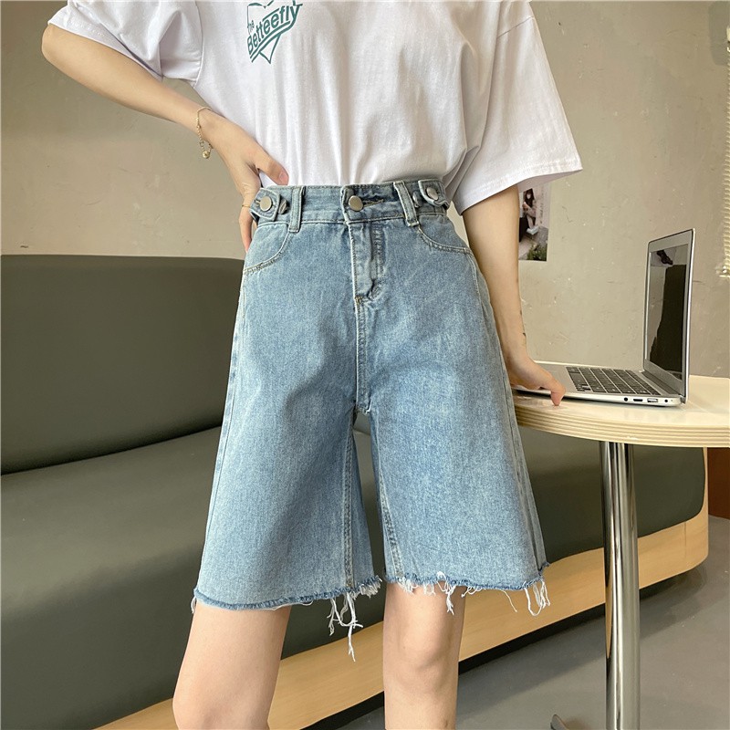 Korean women's high waist slimming denim shorts with raw edges