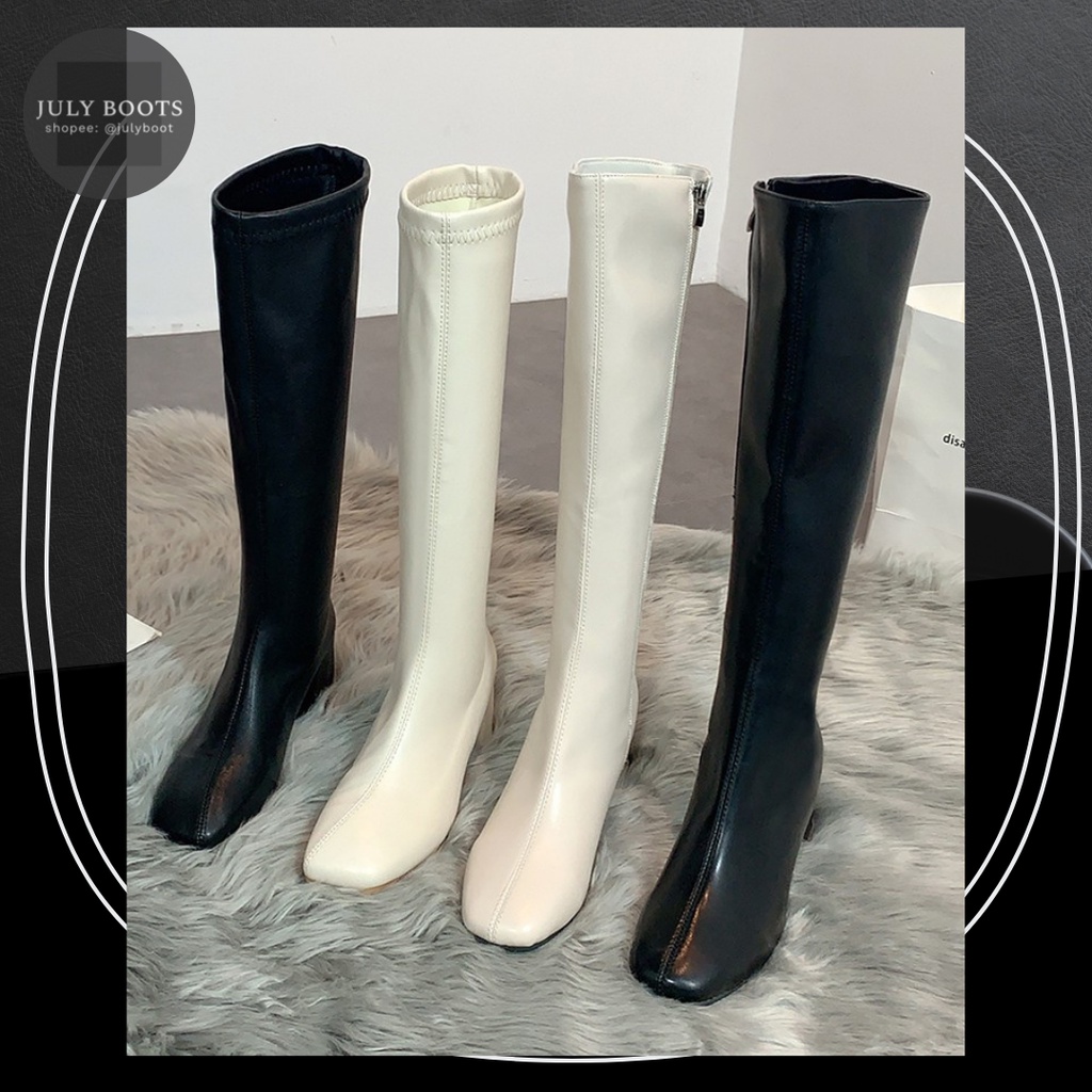 Boots Lửng Ulzzang Da Cổ Cao Dưới Gối Có Khoá Kéo Gót Vuông 6 Phân Da Dày Mịn Đẹp