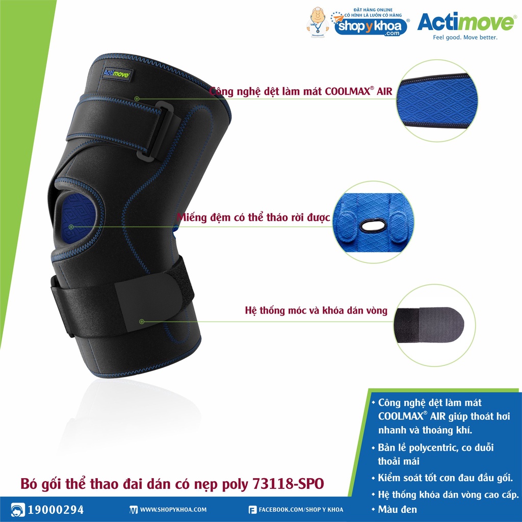 Bó Gối Thể Thao Đai Dán, Nẹp Bản Lề Poly 2 Bên, 73118-SPO, Màu Đen [Actimove] - NK Chính Hãng Châu Âu (1 Cái)