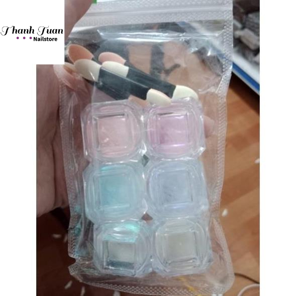Bột tráng gương neon làm móng set 6 màu tặng kèm cọ đầu xốp làm móng  - Phụ kiện đồ nail
