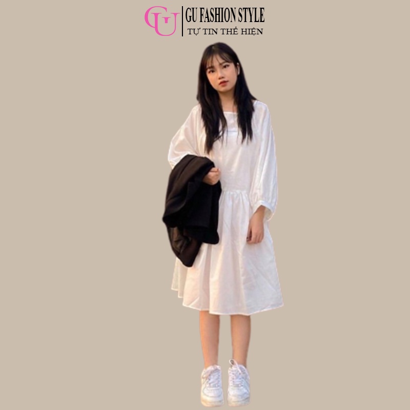 Đầm Babydoll Nữ Midi Tay Ranglang Phồng Cổ Tròn Chất Liệu Vải Thô Mát 2 Màu Đen Trắng Mã GU016 - GU FASHION STYLE