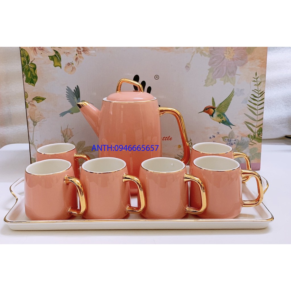 Bộ ấm chén kèm khay sứ pha trà cà phê màu hồng - ANTH01