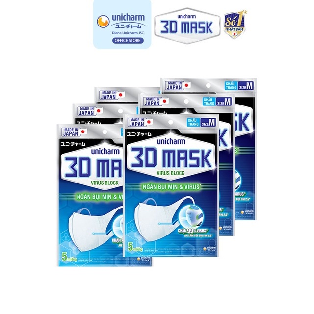 Khẩu trang Unicharm 3d Mask Virus Block combo 6 hộp, Khẩu trang Nhật Bản ngăn khói bụi Unicharm hộp 5 cái