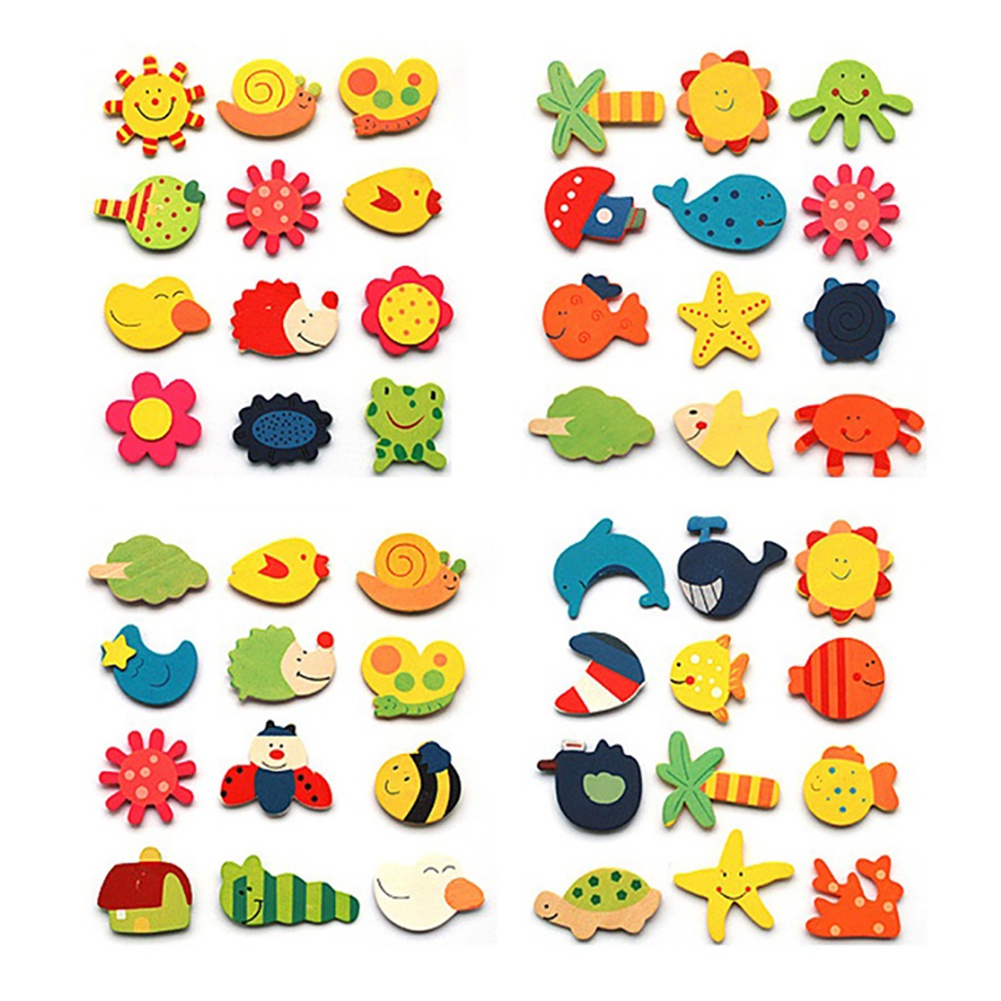 |Superbaby| Set 12 Nam Châm Dán Tủ Lạnh Bằng Gỗ Hoạ Tiết Hoạt Hình Đáng Yêu Cho Bé