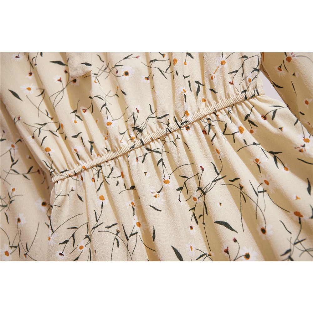 Đầm Chiffon Xếp Ly Lưng Thun Tay Dài Thắt Nơ In Họa Tiết Hoa Mẫu Mới 2022