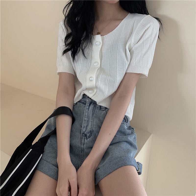 Áo Croptop Dệt Kim Ngắn Tay Dễ Phối Đồ