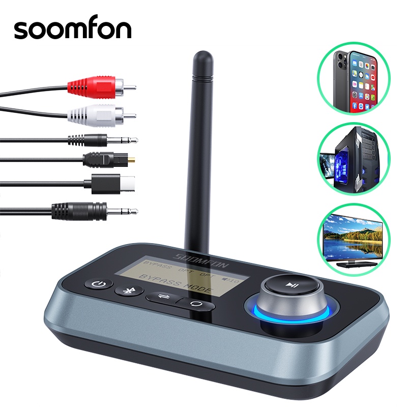 Bộ phát thu đầu thu Bluetooth 5.0 SOOMFON Bộ chuyển đổi âm thanh 2 trong 1 với màn hình LCD 3 chế độ 50m 3.5mm Jack AUX RCA