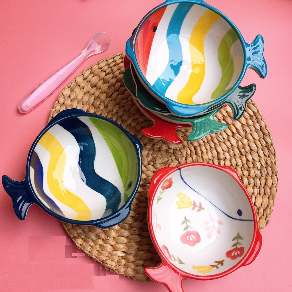 Bát gốm sứ ăn dặm, bát ăn dặm kiểu nhật cho bé Hình Cá Sóng Nước