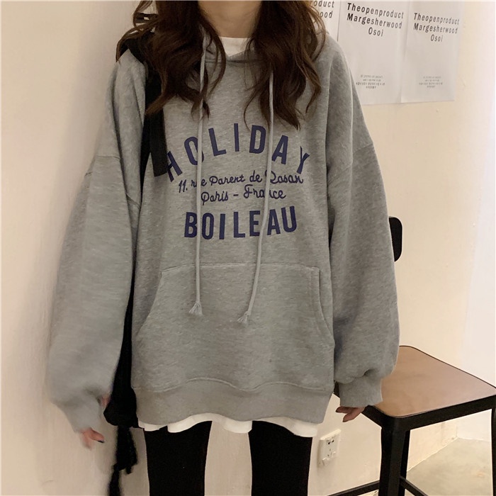 Áo hoodie nữ form rộng dây kéo HOLIDAY 2021, áo hoodie form rộng nữ màu xám, đen thời trang quảng châu chất đẹp