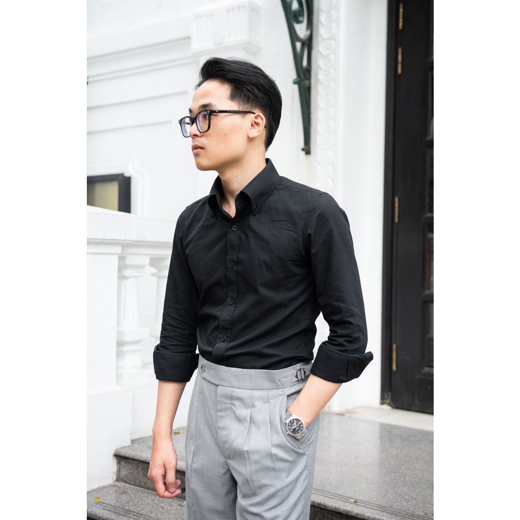 Sơ mi nam màu đen cổ button down vải kate Mỹ không nhăn cực mát Gentle Home
