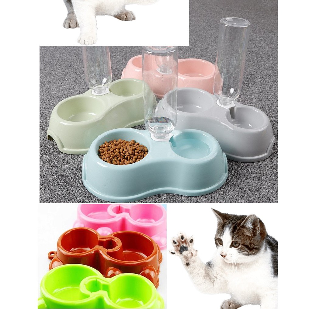 (2 loại) Bát nhựa đôi hình Ăn, Uống tự động cấp nước (hanpet 355) chó mèo có núm tiếp nước