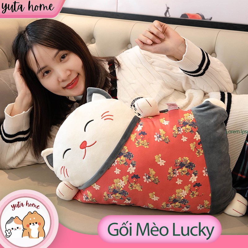 Bộ Gối Kèm Chăn 3 Trong 1 Gấu Bông Văn Phòng Hình Mèo Lucky Thần Tài May Mắn Dễ Thương Chất Liệu Mềm Mại Yuta Home