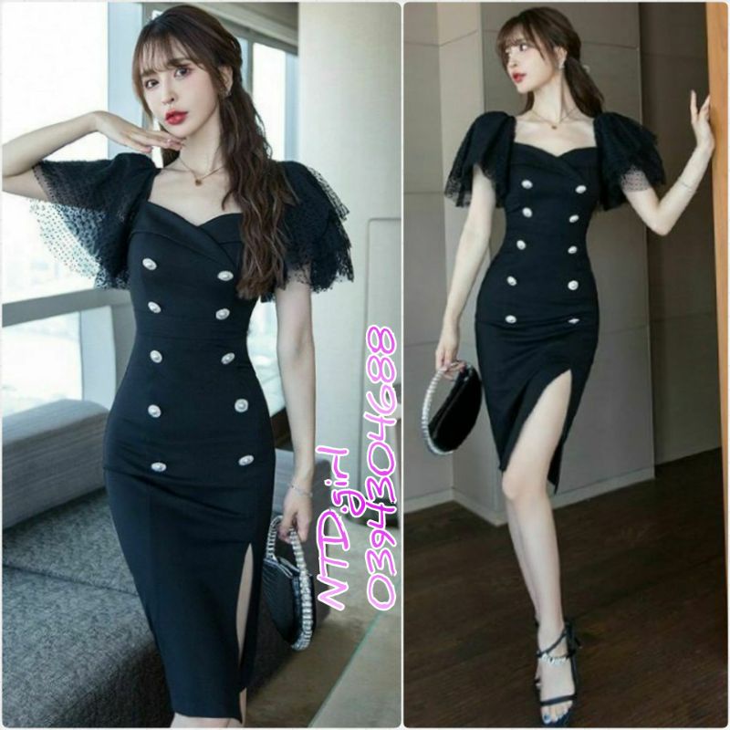 Đầm dánh ôm thun poly đính nút, váy body bút chì vai lưới chấm bi cách điệu - DTH