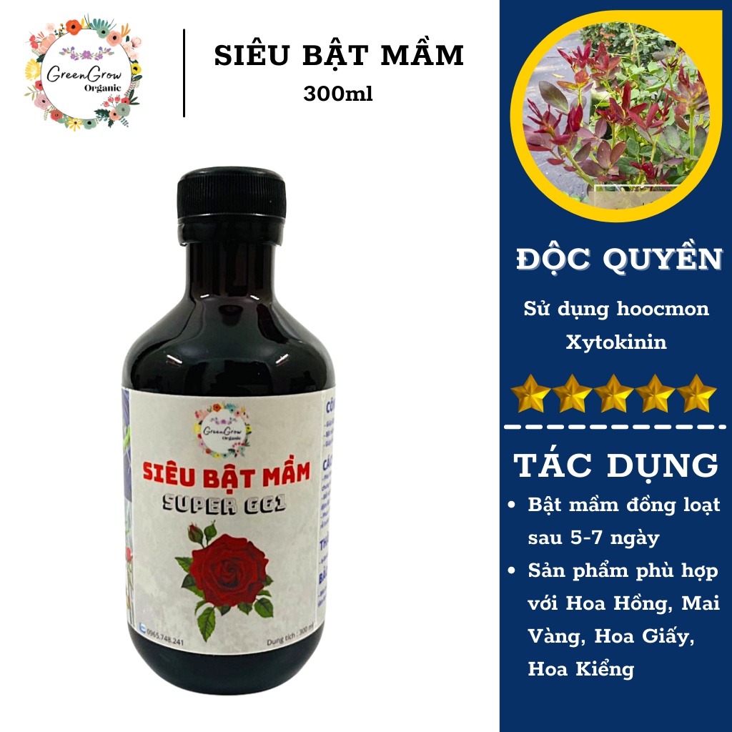 Phân bón lá siêu kích mầm 300ml Green Grow Organic, giúp kích mầm đồng loạt cho hoa hồng, kích kie hoa lan MS118