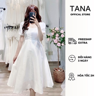 Đầm dự tiệc TANA D0220 đầm trắng cổ vuông nơ lưng mặc đi tiệc cưới, đi chơi, đi du lịch, sự kiện (full lót không lo mỏng