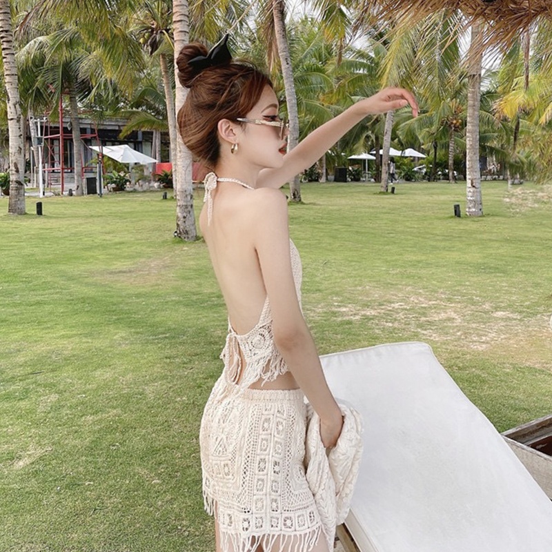 Brroa Áo Lót Bikini Đan Móc Phối Tua Rua Hở Lưng Phong Cách Boho Hàn Quốc Quyến Rũ Cho Nữ